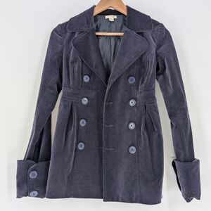 Dark Velvet Peacoat Double Breasted‎ Jacket Ruffled Waist Ruffle Cuff Sleeve XS
